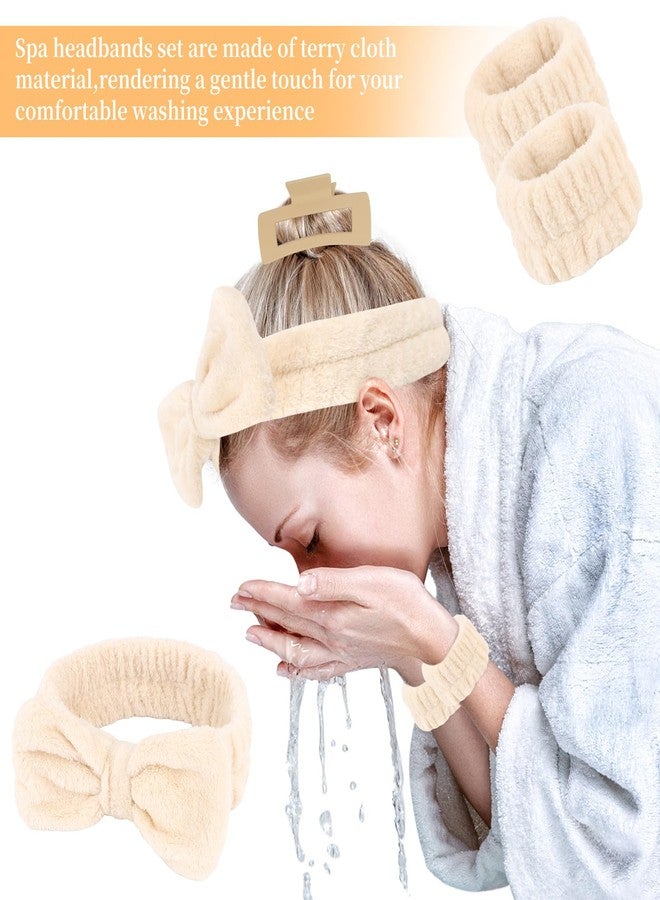 AMCAMI Spa Makeup Headband Set, Beige Fuzzy Bow Skincare Face Wash Headband Hair Accessories,Non-Slip Hair Claw Soft Wristbands for Women Daily - Image 3